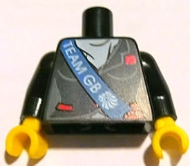 Torso Female Equestrian Jacket with Red Pockets, Button and Patch over White Shirt, Blue Sash with 'TEAM GB' and Lion Head Logo Pattern / Black Arms / Yellow Hands