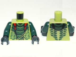 Torso Ninjago Snake with Dark Green and Red Scales Pattern (Lizaru) / Dark Green Arms / Black Hands