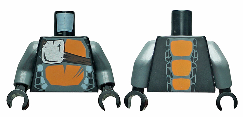 Torso Ninjago Snake with Silver Badge and Orange Scales Pattern (Skalidor) / Dark Bluish Gray Arms / Black Hands