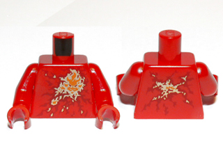 Torso with Ninjago Fire Lion Head Symbol on Dark Red, Gold and Orange Flames Energy Pattern / Red Arms / Red Hands