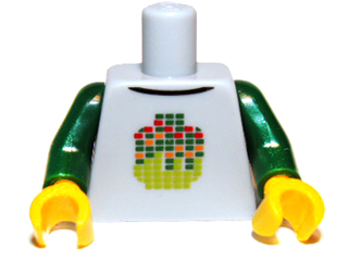 Torso Shirt with Dark Green, Lime, Orange, and Red Pixelated Minifigure Head, Black Collar Pattern / Dark Green Arms / Yellow Hands