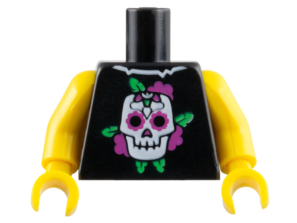 Torso Shirt with Torn Collar, White Skull, Dark Pink Flowers, and Bright Green Leaves Pattern / Yellow Arms / Yellow Hands