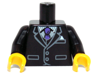 Torso Jacket and Vest with Pockets and Buttons, Pocket Square, Pinstripe Shirt, Dark Purple Tie Pattern / Black Arms / Yellow Hands