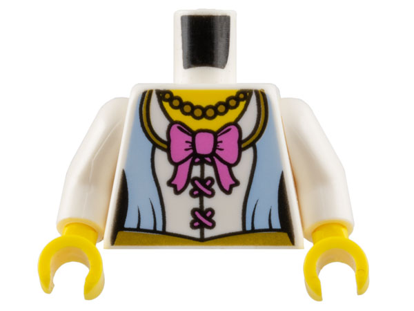 Torso Female Corset Top with Bright Light Blue Panels and Gold Trim, Dark Pink Bow and Laces, Bead Necklace, Yellow Neck Pattern / White Arms / Yellow Hands