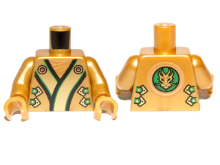 Torso Ninjago Robe with Black, Green, and Gold Trim, Straps, Clasps, Dragon Head in Circle on Back Pattern / Pearl Gold Arms / Pearl Gold Hands
