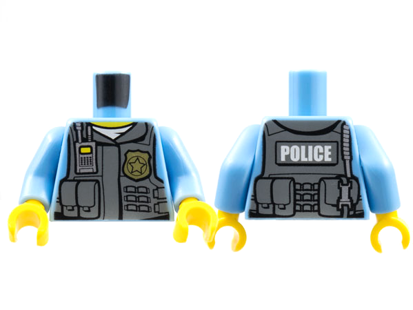 Torso Police Shirt with Dark Bluish Gray Vest, Gold Badge, Radio, White Undershirt and White 'POLICE' Pattern on Back / Medium Blue Arms / Yellow Hands