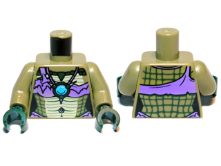 Torso Crocodile Skin with Medium Lavender Bikini Top and Necklace with Blue Round Jewel (Chi) Pattern / Olive Green Arms / Dark Green Hands