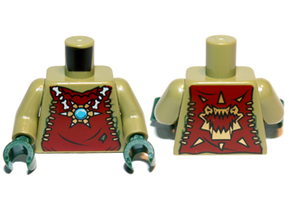 Torso Dark Red Vest with Star Shaped Necklace with Blue Round Jewel (Chi), Back with Gold Crocodile Jaws Pattern / Olive Green Arms / Dark Green Hands