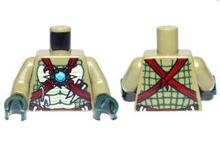 Torso Bare Chest with Muscles, Dark Red Straps, White Spikes and Dark Azure Round Jewel (Chi) Pattern / Olive Green Arms / Dark Green Hands