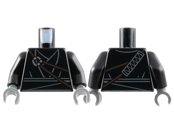 Torso Layered Robe, Dark Brown Strings with Silver Clasp, Katana Scabbard on Back Pattern / Black Arms / Dark Bluish Gray Hands