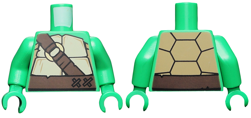 Torso Tan and Dark Tan Turtle Shell, Dark Brown Belt and Strap with Gold Ring Pattern / Bright Green Arms / Bright Green Hands