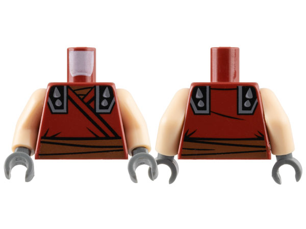 Torso Robe, Reddish Brown Sash, Black Shoulder Armor with Dark Bluish Gray Spikes Pattern / Light Nougat Arms / Dark Bluish Gray Hands