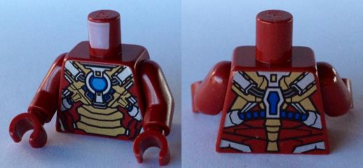 Torso Armor with Blue and Medium Blue Circle Arc Reactor, Gold Panels, Silver Trim Pattern (Iron Man Mark 17) / Dark Red Arms / Dark Red Hands