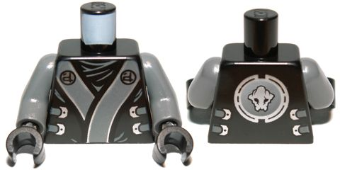 Torso Ninjago Robe with Gray and Silver Sash Pattern / Dark Bluish Gray Arms / Black Hands