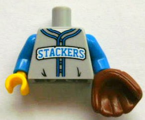 Torso Baseball Jersey with Blue Trim and 'STACKERS' Logo Pattern / Blue Arms / Yellow Hand Right / Reddish Brown Baseball Glove Left