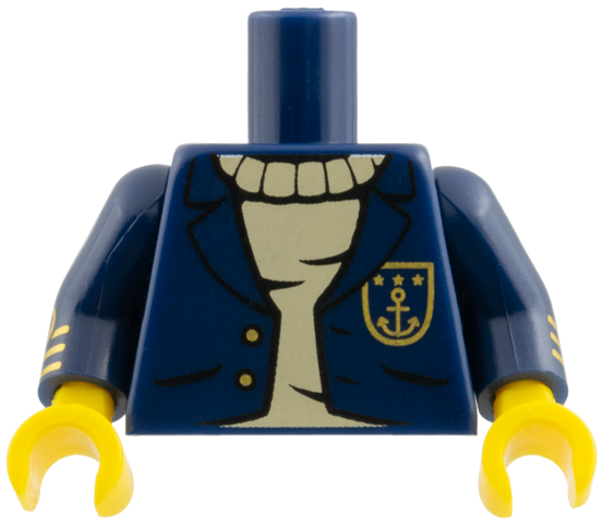 Torso Jacket Open with Gold Buttons and Anchor over Tan Sweater Pattern / Dark Blue Arms with Gold Stripes / Yellow Hands