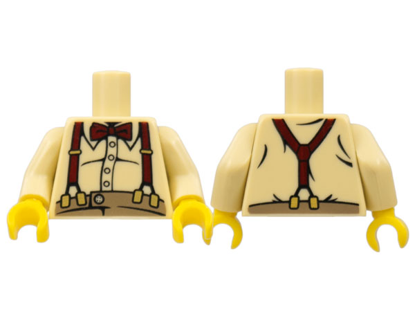 Torso Button Shirt over Fat Stomach with Dark Red Bow Tie and Suspenders Pattern / Tan Arms / Yellow Hands