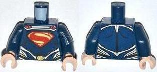 Torso Super Hero Costume with Black Muscles Outline, Red and Gold Superman 'S' Logo, Silver Trim, Oval Clasp Pattern / Dark Blue Arms / Light Nougat Hands