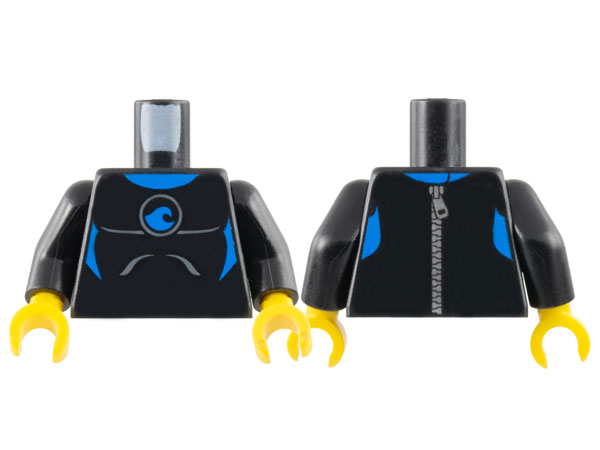 Torso Wetsuit with Blue Collar, Panels, and Wave Logo, Silver Zipper on Back Pattern / Black Arms / Yellow Hands