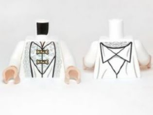 Torso LotR Shirt with Ornate Silver Fabric and Gold Clasps Pattern (Saruman) / White Arms / Light Nougat Hands