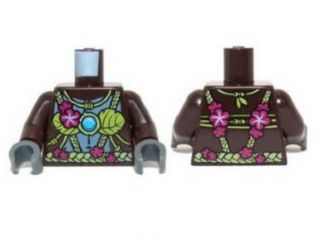 Torso Gorilla with Leaf Top and Belt, Pink Flowers and Blue Round Jewel (Chi) Pattern / Dark Brown Arms / Dark Bluish Gray Hands