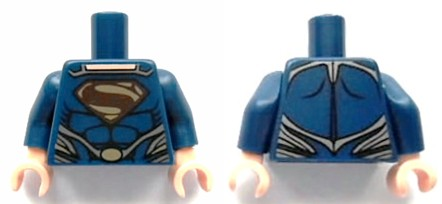 Torso Super Hero Costume with Black Muscles Outline, Dark Brown and Gold Superman 'S' Logo, Silver Trim, Oval Clasp Pattern / Dark Blue Arms / Light Nougat Hands