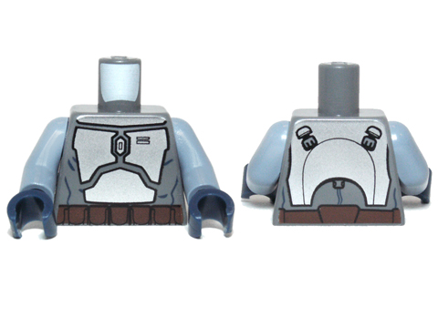 Torso SW Mandalorian Armor Plates Silver, Reddish Brown Belt with Pouches Pattern (Jango Fett) / Sand Blue Arms / Dark Blue Hands