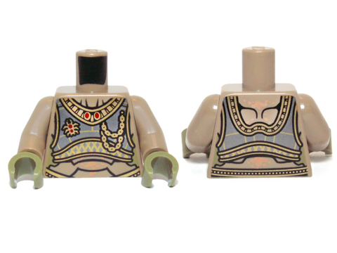 Torso Dark Silver Chest Armor with Gold Trim, Chains, Insect Pin and Elaborate Neckline with Red Jewels over Exoskeleton Segments with Nougat Spots Pattern / Dark Tan Arms / Olive Green Hands