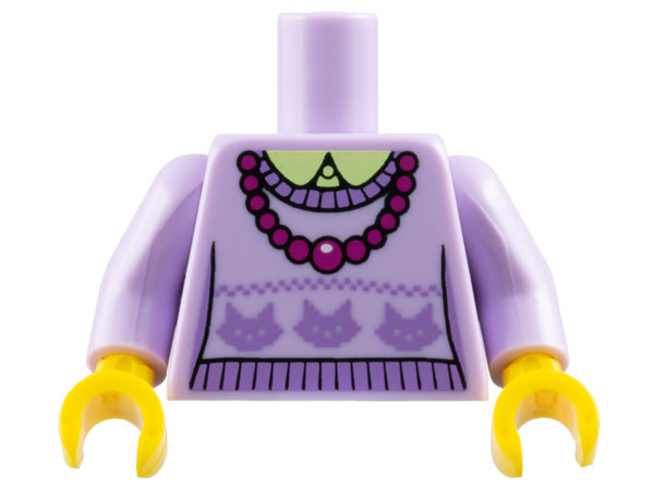 Torso Knit Sweater with Medium Lavender Cat Heads over Yellowish Green Shirt with Collar, Necklace with Magenta Beads Pattern / Lavender Arms / Yellow Hands