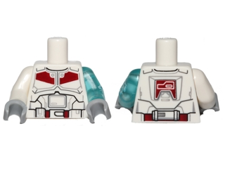 Torso SW Armor Black Belt and Dark Red Markings Pattern / Trans-Light Blue Arm Left with Lightning Bolts / White Arm Right / Light Bluish Gray Hands