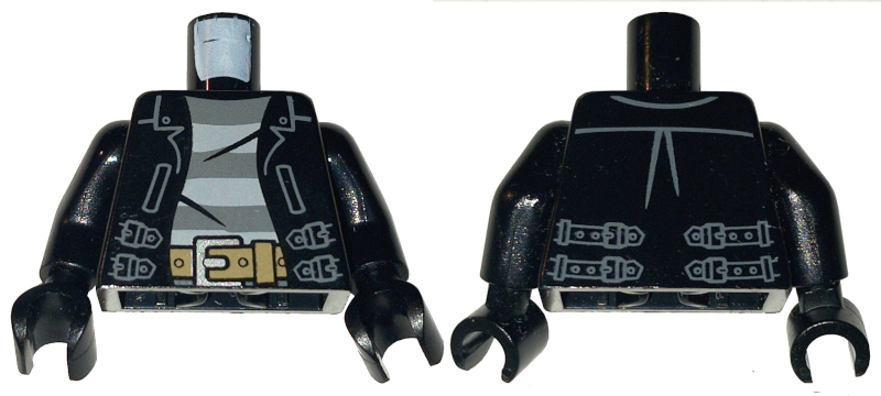 Torso Leather Jacket Open with Straps over Shirt with Dark Bluish Gray and Light Bluish Gray Stripes, Dark Tan Belt with Silver Buckle Pattern / Black Arms / Black Hands