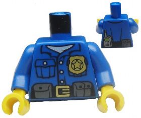 Torso Police Shirt with White Undershirt, Gold Badge and Buckle, Black Belt with Pouches on Front, Radio on Back Pattern / Blue Arms / Yellow Hands