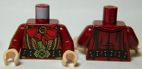Torso LotR Robe with Large Red Bow, Gold Trim, and Ornate Gold Belt Buckle Pattern / Dark Red Arms / Light Nougat Hands