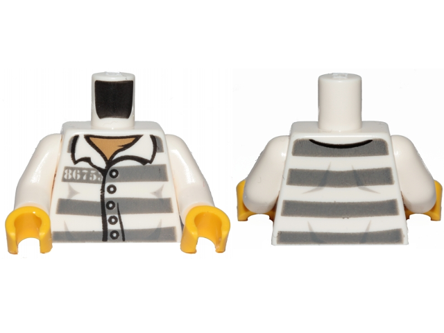 Torso Town Prisoner Number 86753, Dark Bluish Gray Stripes, Buttons, Dark Tan Undershirt Pattern / White Arms / Yellow Hands