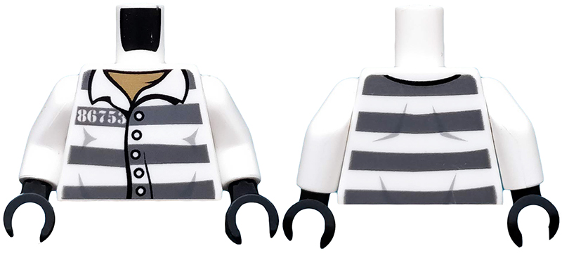 Torso Town Prisoner Number 86753, Dark Bluish Gray Stripes, Buttons, Dark Tan Undershirt Pattern / White Arms / Black Hands