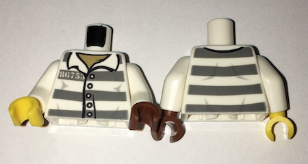 Torso Town Prisoner Number 86753, Dark Bluish Gray Stripes, Buttons, Dark Tan Undershirt Pattern / White Arms / Reddish Brown Hand Left / Yellow Hand Right