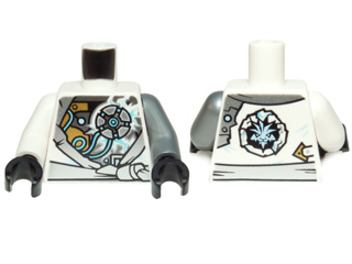 Torso Ninjago Robe with Exposed Mechanical Parts and Ice Power Emblem Pattern / Flat Silver Arm Left / White Arm Right / Black Hands