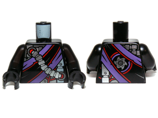 Torso Ninjago Robe with Purple and Black Sash, Mechanical Parts and Silver Saw Blade Emblem Pattern / Black Arms / Black Hands