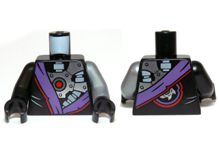 Torso Ninjago Robe with Purple Sash and Exposed Mechanical Parts Pattern / Flat Silver Arm Left / Black Arm Right / Black Hands
