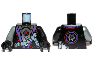 Torso Ninjago Robe with Purple Sash, Mechanical Parts and Silver Saw Blade Pattern / Black Arm Left / Flat Silver Arm Right / Black Hands