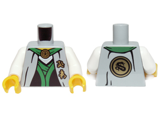 Torso Ninjago Robe with Green Sash, Asian Characters and Gold Snake Emblem Pattern / White Arms / Yellow Hands