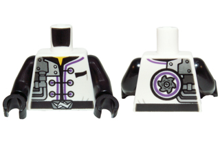 Torso Ninjago Robe with Three Black Clasps, Mechanical Parts and Silver Saw Blade Pattern / Black Arms / Black Hands