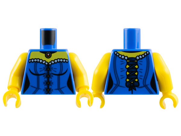 Torso Female Corset with White Trim and Dark Blue Lines, Straps, and Bow, Pendant Necklace, Yellow Neck Pattern / Yellow Arms / Yellow Hands