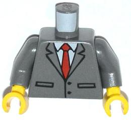 Torso Suit Jacket Buttoned with Lapels, Pockets, White Shirt, and Red Tie Pattern / Dark Bluish Gray Arms / Yellow Hands