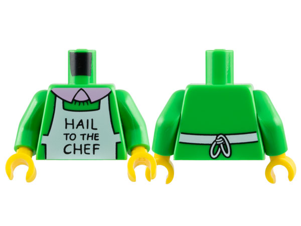 Torso Simpsons White Apron with Black 'HAIL TO THE CHEF' over Sweater, Bright Pink Undershirt with Collar Pattern / Bright Green Arms / Yellow Hands