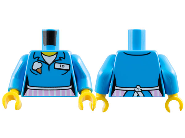 Torso Female Shirt with Ice Cream Cone, 'JO' Name Tag, White Apron with Bright Pink Stripes, Yellow Neck Pattern / Dark Azure Arms / Yellow Hands