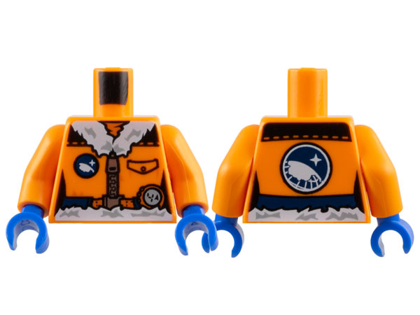 Torso Female Coat with Arctic Explorer Logo, Pocket, Silver Zipper, and White Fur Collar and Waistline, Dark Blue Belt Pattern / Orange Arms / Blue Hands