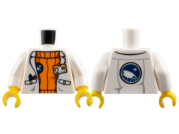 Torso Lab Coat with Pockets and ID Badge over Orange Sweater, Arctic Explorer Logo on Reverse Pattern / White Arms / Yellow Hands