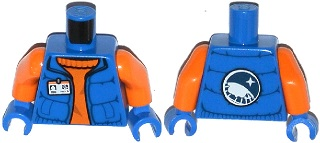 Torso Down Vest with ID Badge over Orange Sweater, Arctic Explorer Logo on Reverse Pattern / Orange Arms / Blue Hands