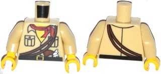 Torso Shirt with Buttons and Pockets, Black Belt with Yellow Buckle, Reddish Brown Pistol and Ropes, Red Bandana, Yellow Neck and Back Print Pattern / Tan Arms / Yellow Hands